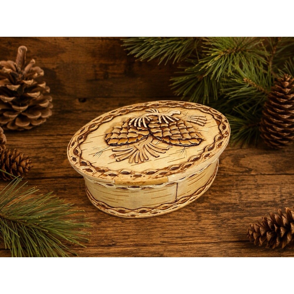 Vtg Russian Siberian Birch Bark Pine Cone Oval Trinket Rustic Box Handcrafted